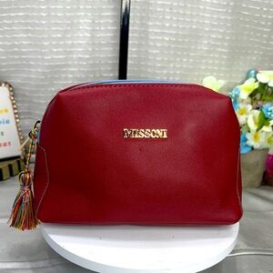 (E4) Missoni red makeup bag with gold logo and zipper closure
